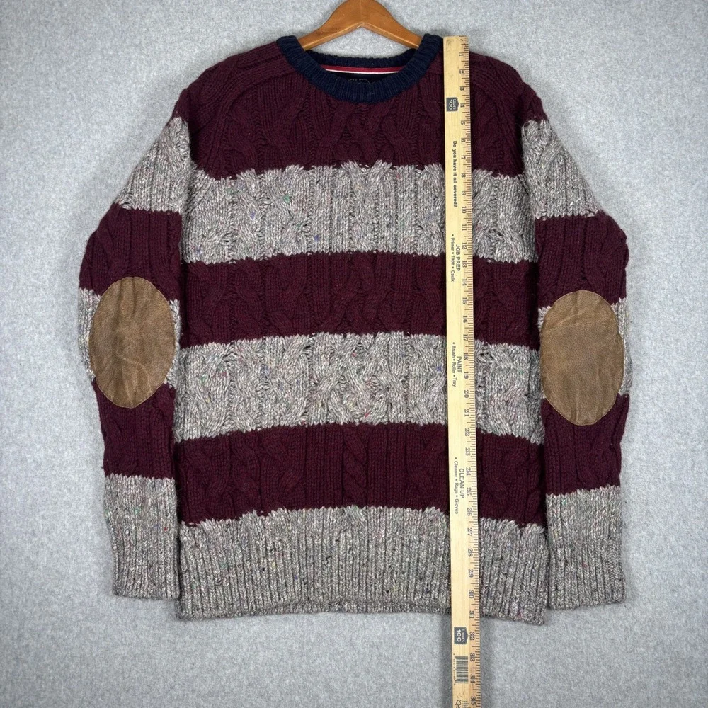 Tommy Hilfiger Sweater Mens XXL Silk Wool Burgundy Grey Striped Knit Elbow Patch